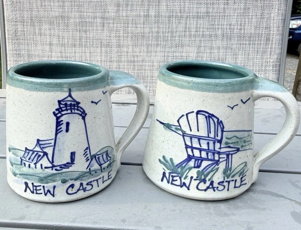 2 Great Bay Pottery Mugs Lighthouse Adirondack Stoneware Newcastle NH USA  Vtg